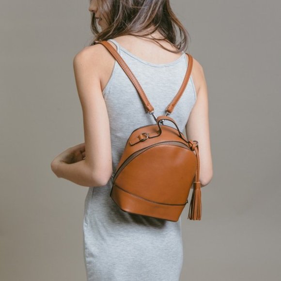 Lovoda Handbags - Camel Brown Vegan Leather Mini Backpack Purse